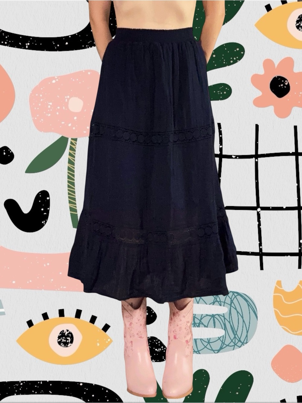Sundays | Navy Blue High Waisted Tiered Boho Midi Skirt